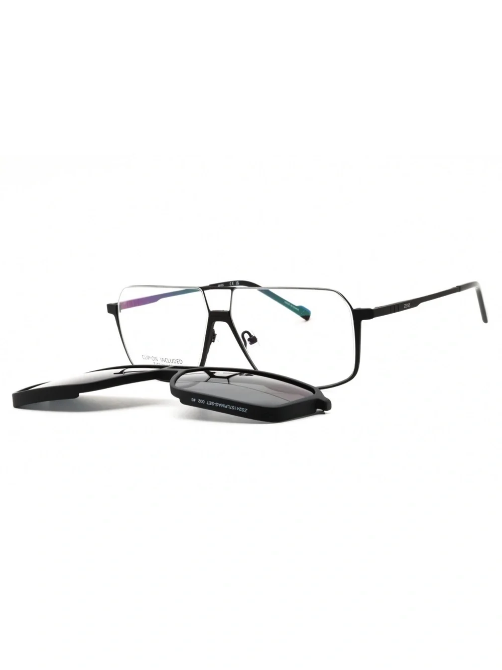 New ZEISS Men's Black Metal Frame Glasses with Detachable Black Clip-On Sunglass